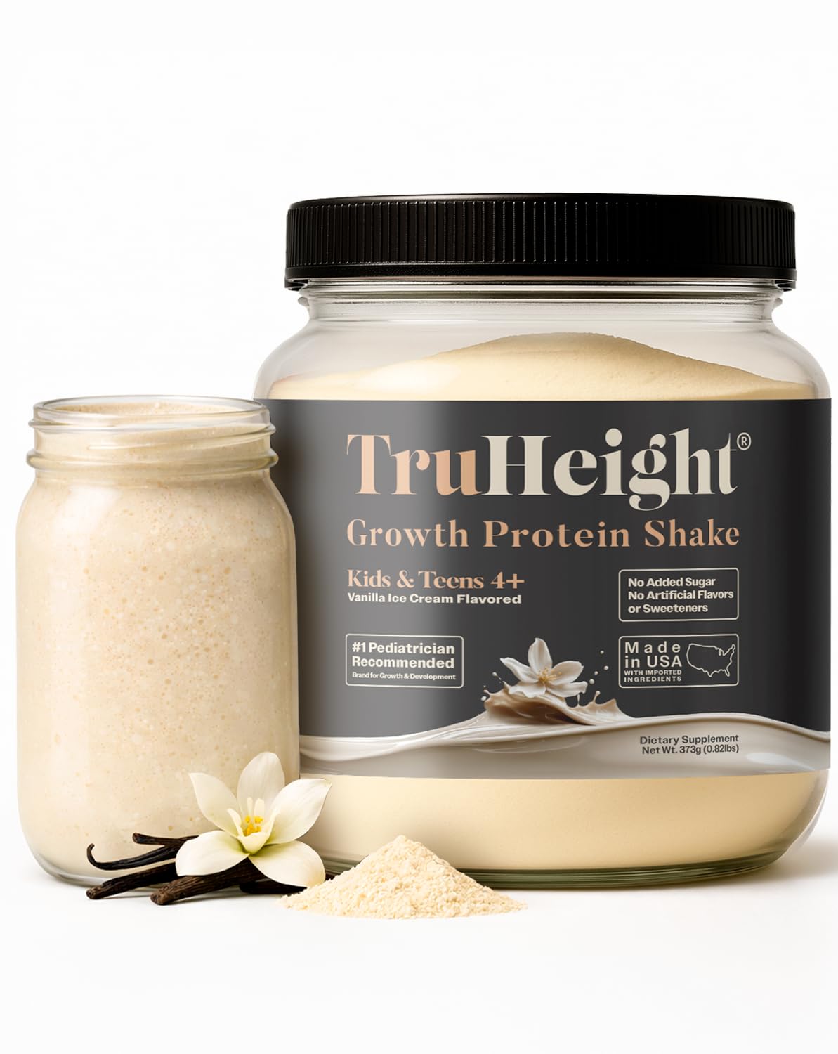 TruHeight Growth Protein Shake (Vanilla Ice Cream Flavor, Whey) Tall Nutrition for Natural Growth & Development - Protein Powder for Kids & Teens, Weight Gain Drinks - Picky Eater Vitamin, Ages 4+