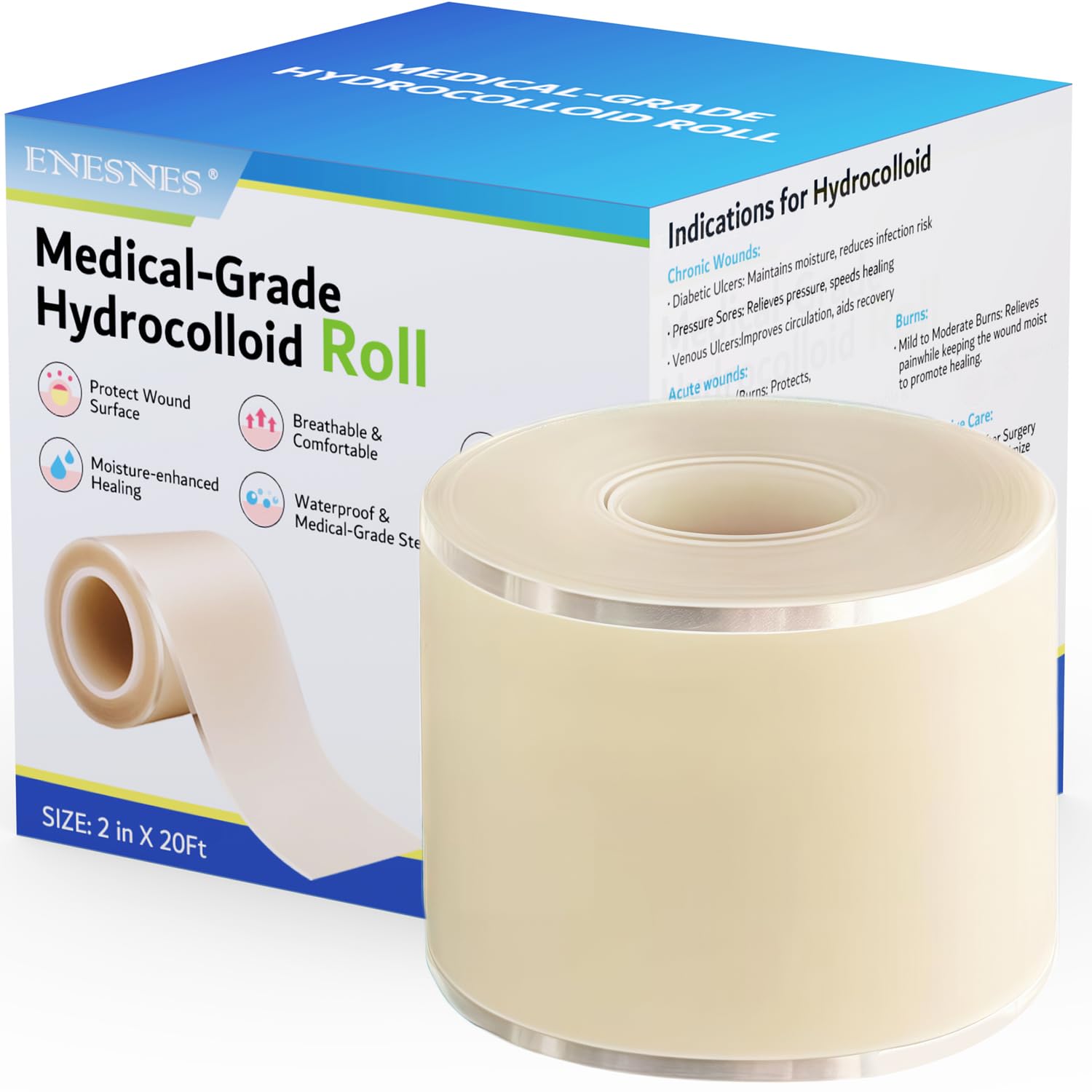 Extra Large 2x20ft Hydrocolloid Roll for Wound Care - Cut-to-Size Medical-Grade Hydrocolloid Patch Bandages with Self-Adhesive Ultra Absorbent