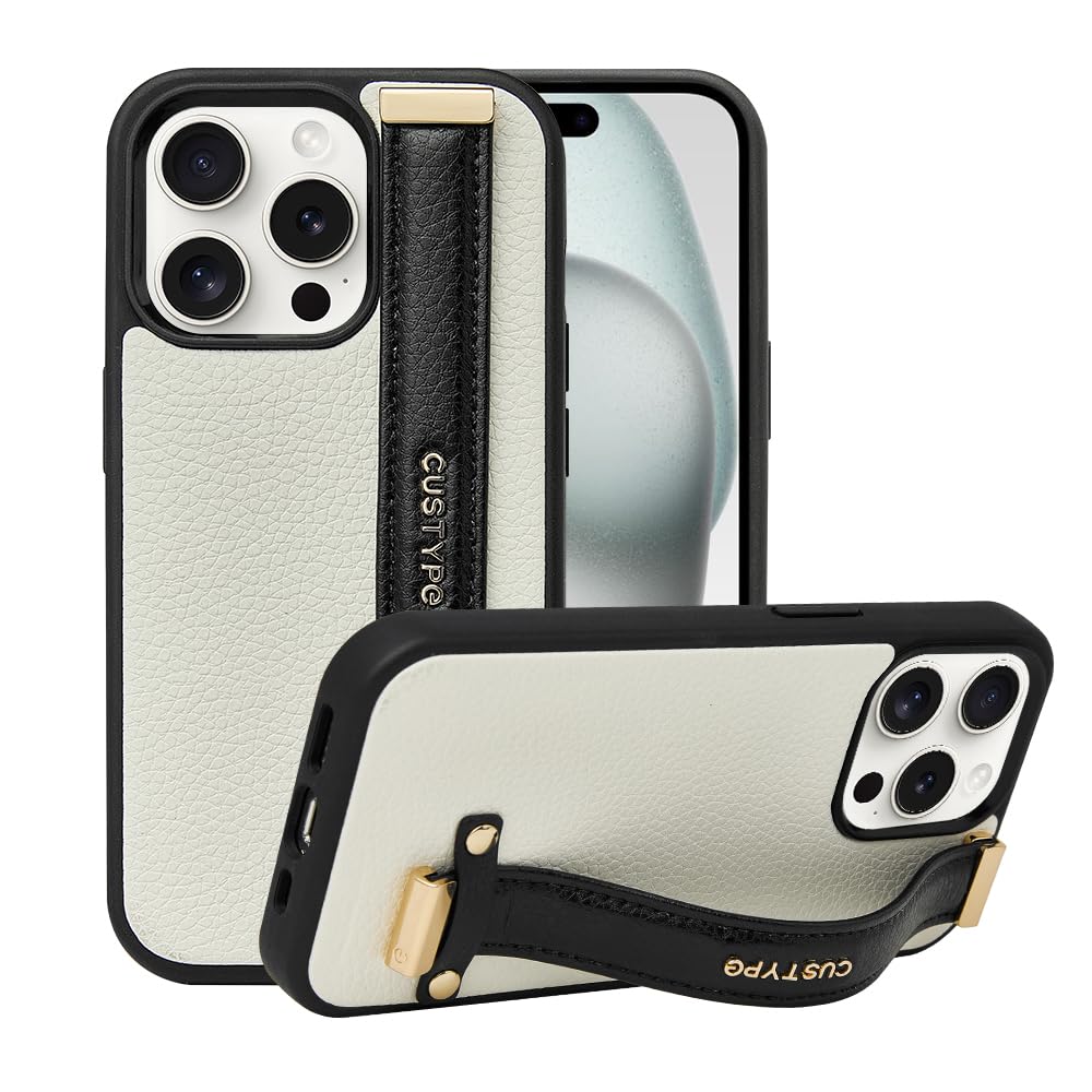 CUSTYPE for iPhone 15 Pro Max Case with Adjustable Wristband Strap Kickstand, Hand Strap Grip Loop Leather Case,Shockproof Protection Cover for Women for iPhone 15 Pro max 6.7inch-Black&White