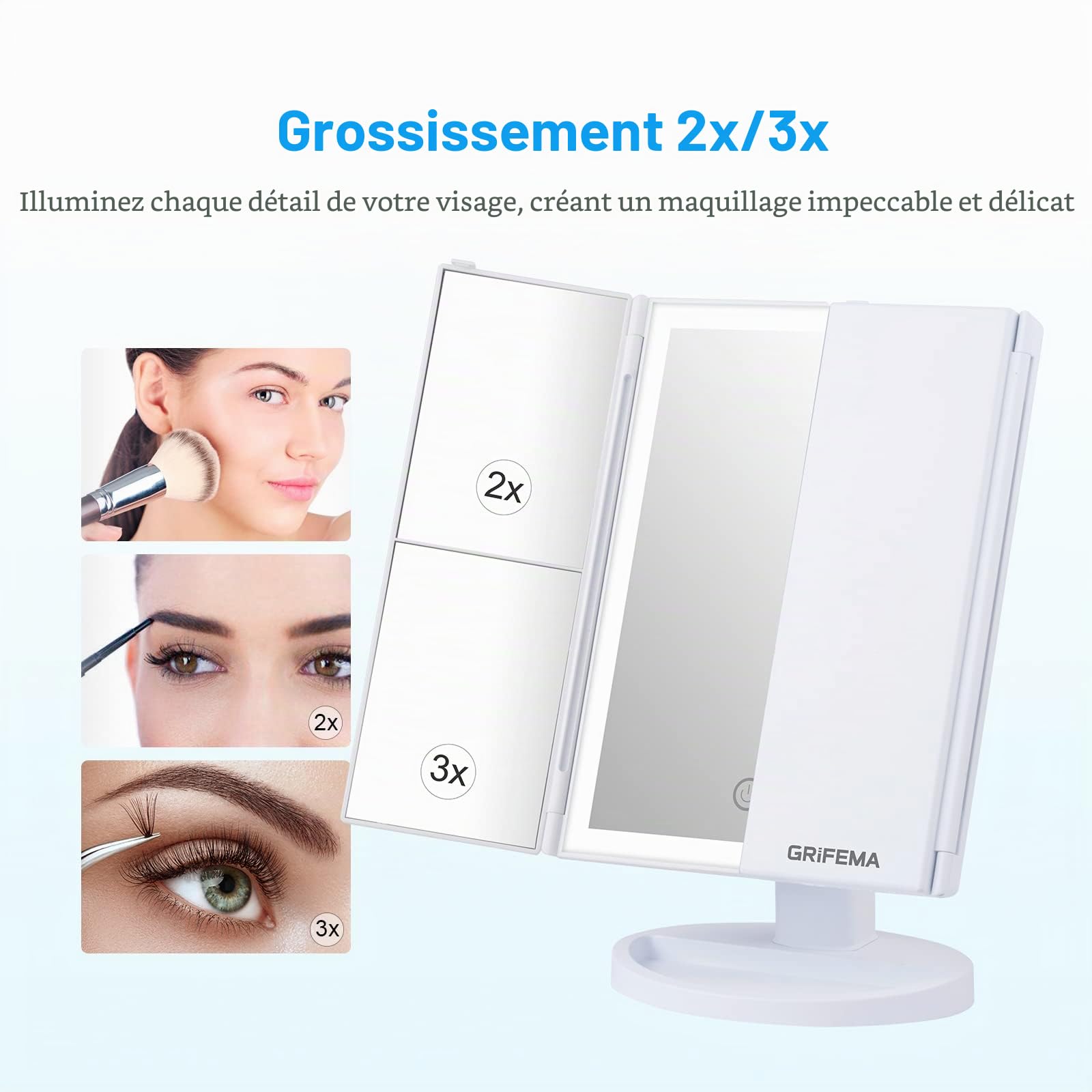 GRIFEMA GF1001W - Miroir lumineux 2X/3X pliable, rotation 180°, maquillage batterie/USB, interrupteur tactile, luminosité réglable, blanc