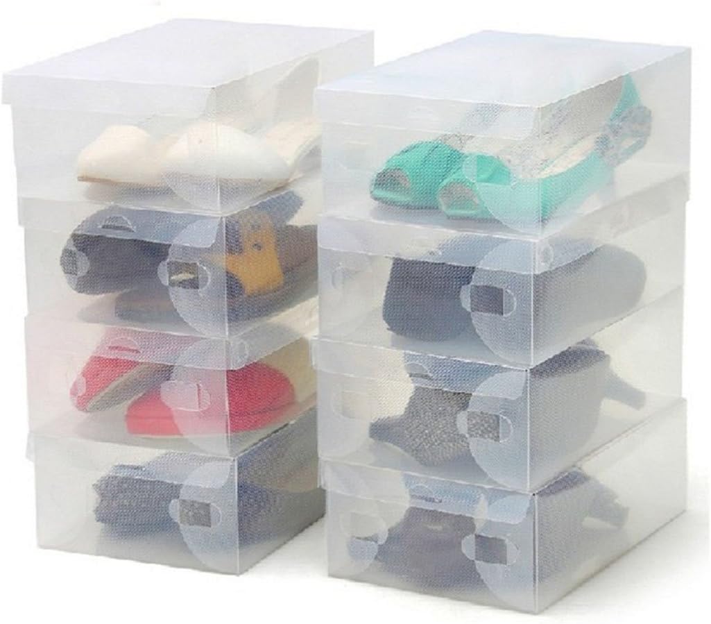 91Love 10Pcs Transparent Clear Plastic Shoes Storage Box Compatible with White Lid Foldable Shoes Case Holder