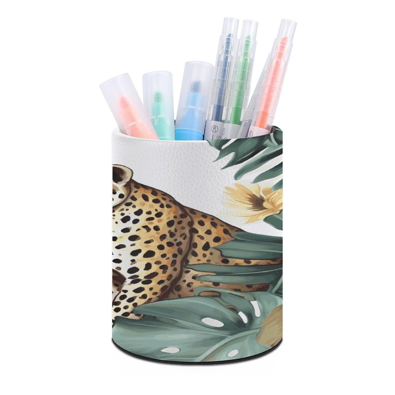 JTREHY Leopard Palm Leaf Pen Holder Round Pen Pencil Holder Makeup Brush Holder Cup PU Leather Pencil Cup Desktop Caddy Stationery Organizer Case Office Accessories Container Box