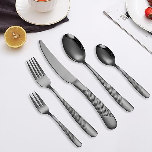 Miniatura 3 de Juego de cubiertos martillados negros para 6 cubiertos de acero inoxidable a prueba de óxido, 18 piezas, tenedores y cucharas, utensilios de cocina