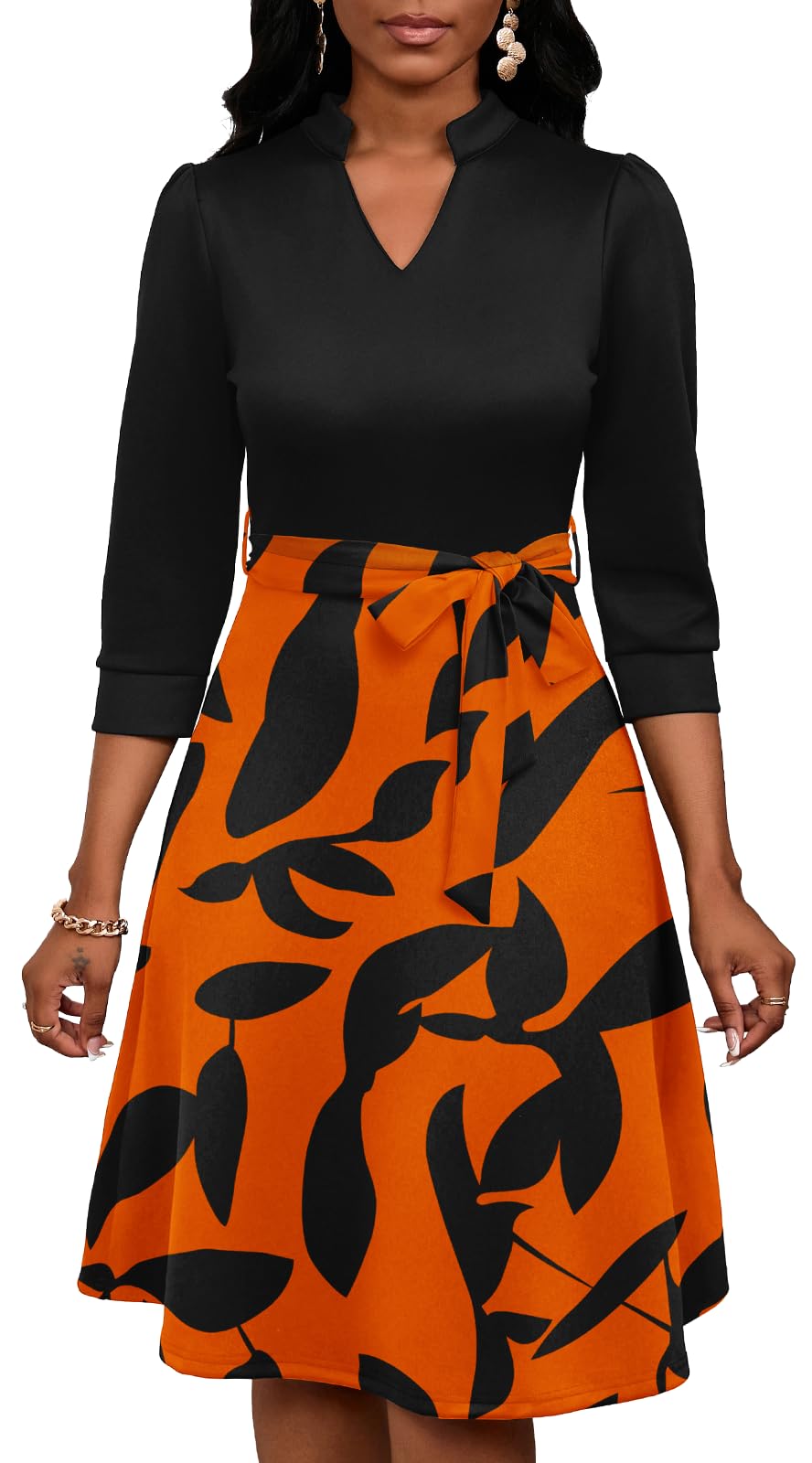 PerZeal Women's Casual Flowy A-Line Midi Dress Flared V-Neck Colorblock Print for Wedding Guest 3/4 Sleeve Dress with Belt