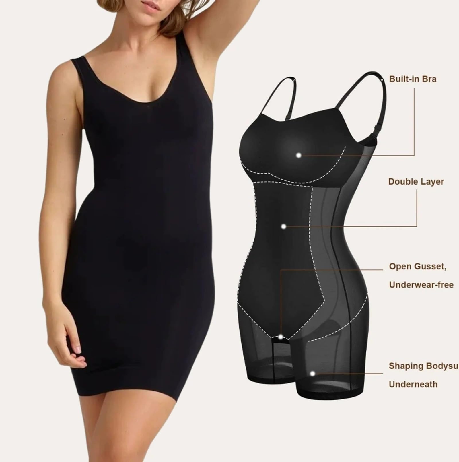 HLTYGWX Vestido Largo Adelgazante con Cuello Cuadrado para Mujer, Ropa Moldeadora, sin Cordones, Debajo de los Vestidos, con Control de Barriga