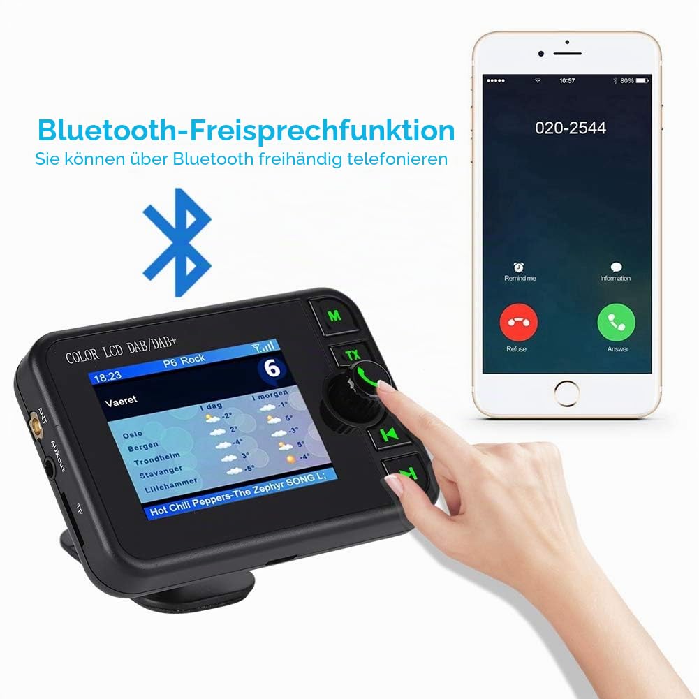 2,4 Zoll Farb LCD Auto DAB Radio,Bluetooth Adapter Auto,Smartphone Bluetooth Freisprechfunktion für Musik Streaming Hochempfindliche Aktive Antenne FM Sender für DAB+Sender Digital Radio