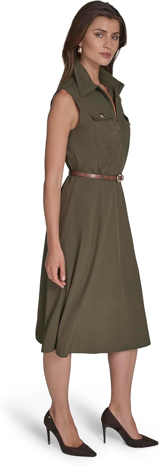 H Halston Womens Sleeveless V-Neck Belted Commuter Dress