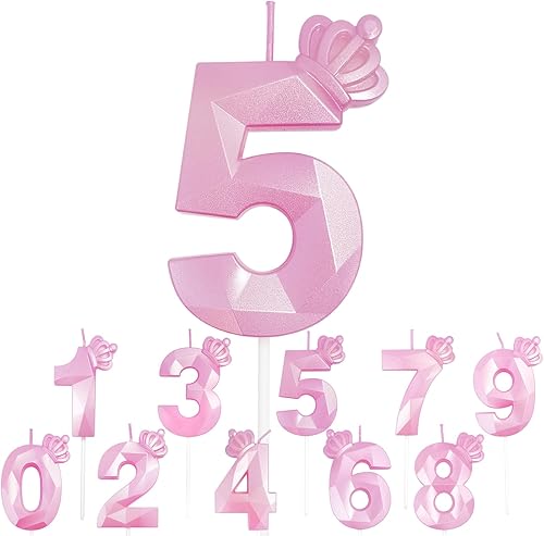 Vela de número de corona de 3 pulgadas, vela rosa 5 en forma de diamante 3D, diseño de corona, vela de cumpleaños adecuada para fiestas de