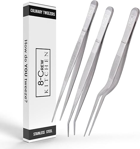 8-CREW KITCHEN - Pinzas culinarias de acero inoxidable, juego de 3 pinzas de precisión de chef de 6 pulgadas para chapado, decoración, diseño de