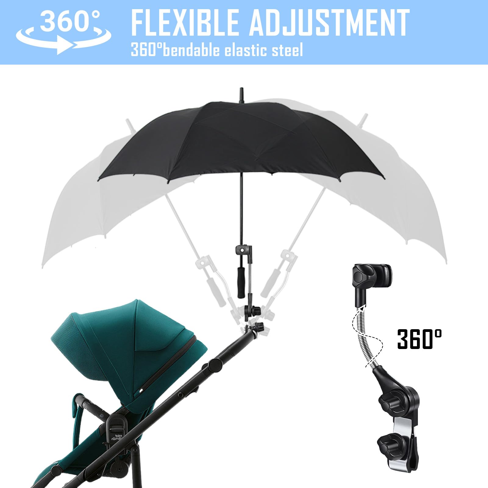 Portaombrelli per Passeggino, Facile da Installare ，Morsetto per Ombrello, Montatura per Maniglia per Passeggino con Supporto Elastico Regolabile a 360 ° Sedia per Carrozzina Bicicletta