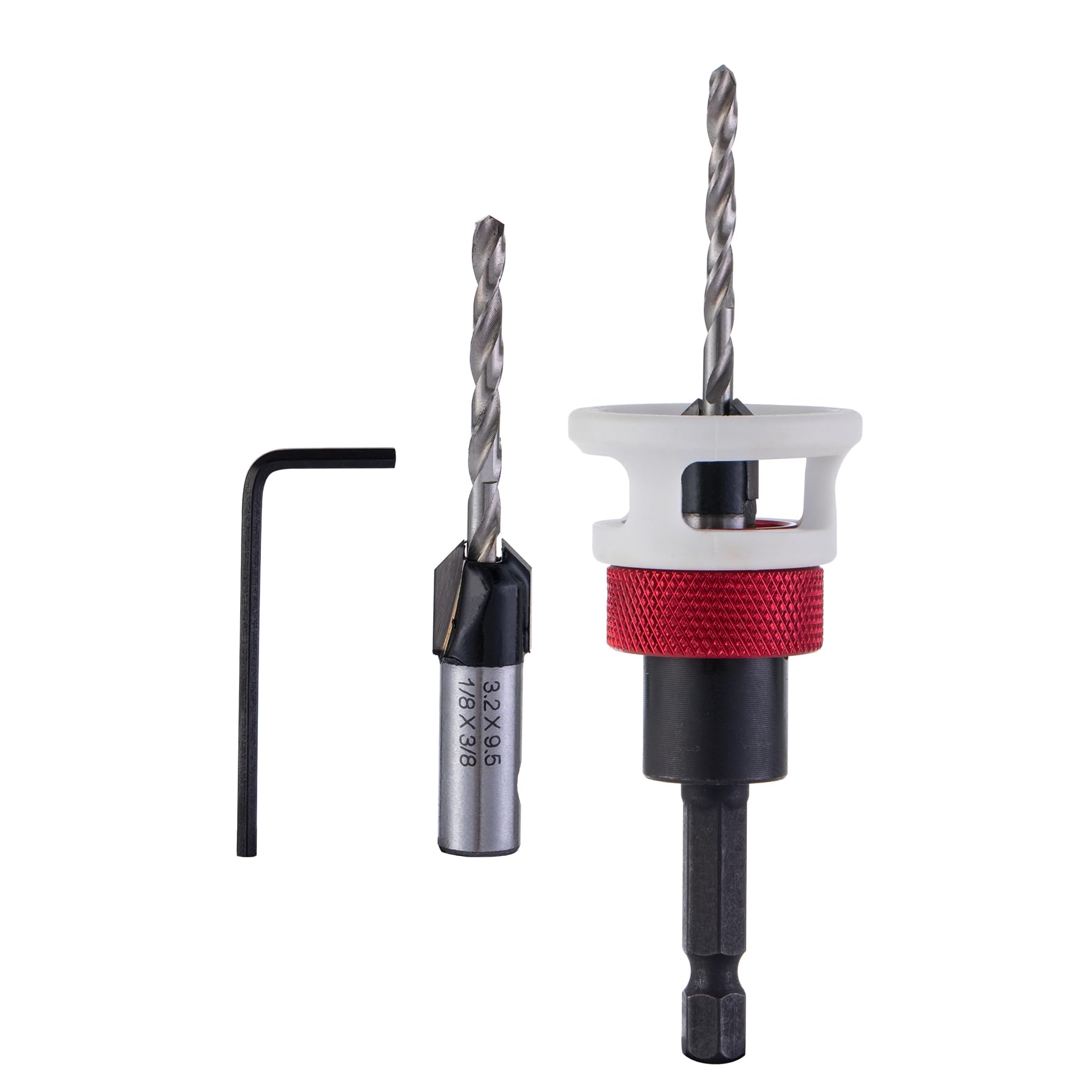 Punta da trapano svasata, 1/8" x 3/8", punte per trapano con punta in carburo con arresto di profondità, attacco esagonale a cambio rapido da 6,35 mm, con punta pilota HSS sostituibile per plastica