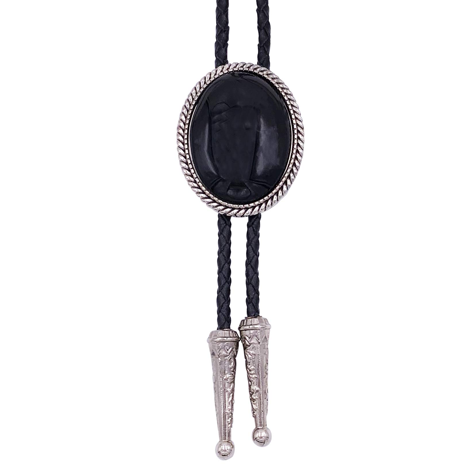 SELOVO Men Genuine Leather Black Rhinestone Native American Bolo Tie Silver Color