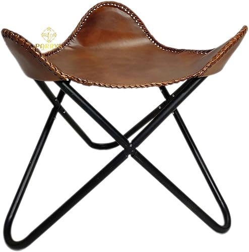 Miniatura 3 de Cómoda otomana de cuero para sala de estar - Taburete para muebles de patas de hierro - Taburete de silla de mariposa de cuero hecho a mano indio -