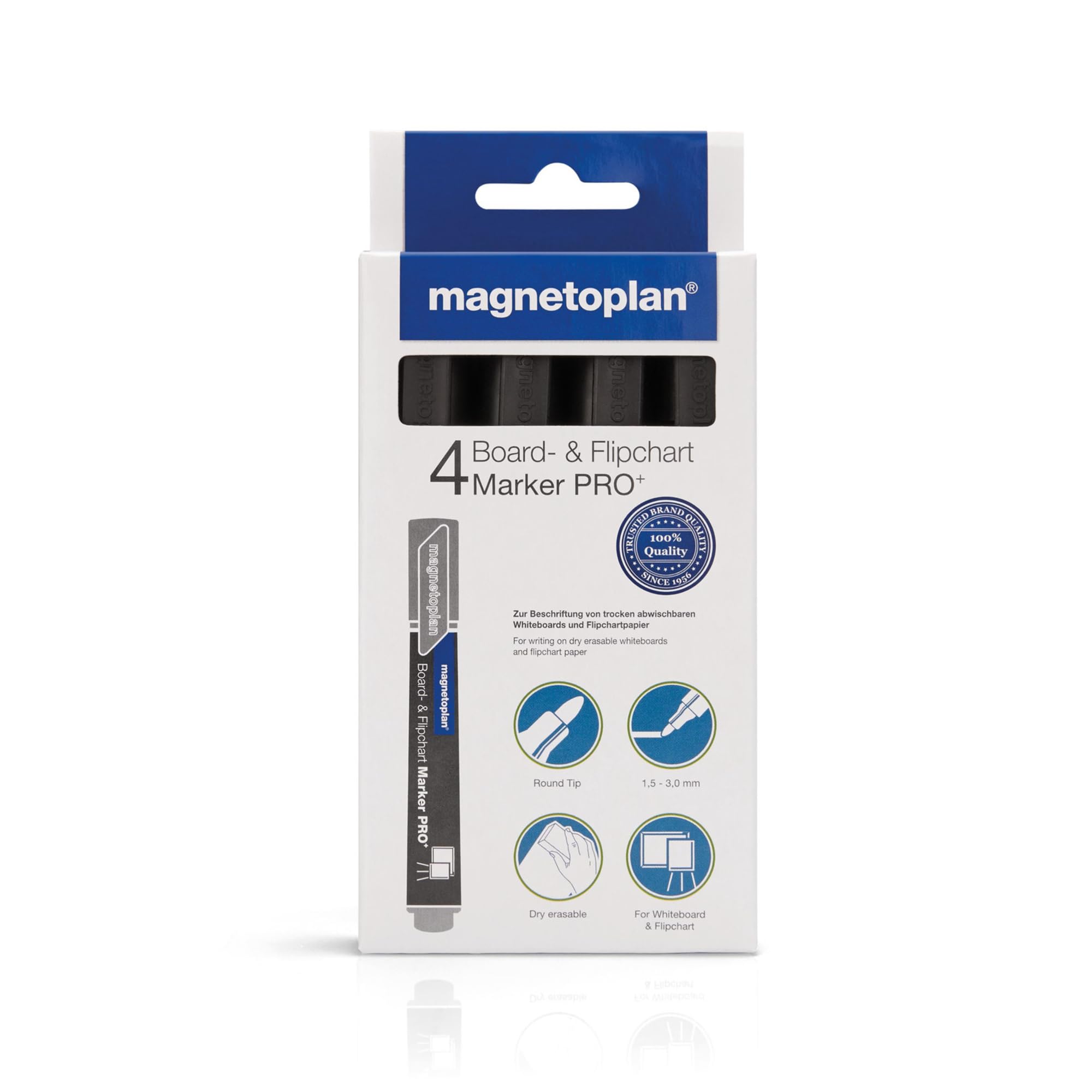 magnetoplan Whiteboard Marker and Flipchart PRO+ 4-Piece All-Terrain Marker Pen with Round Tip in Black, Line Width 1.5-3 mm, for Whiteboards and Flipchart Paper