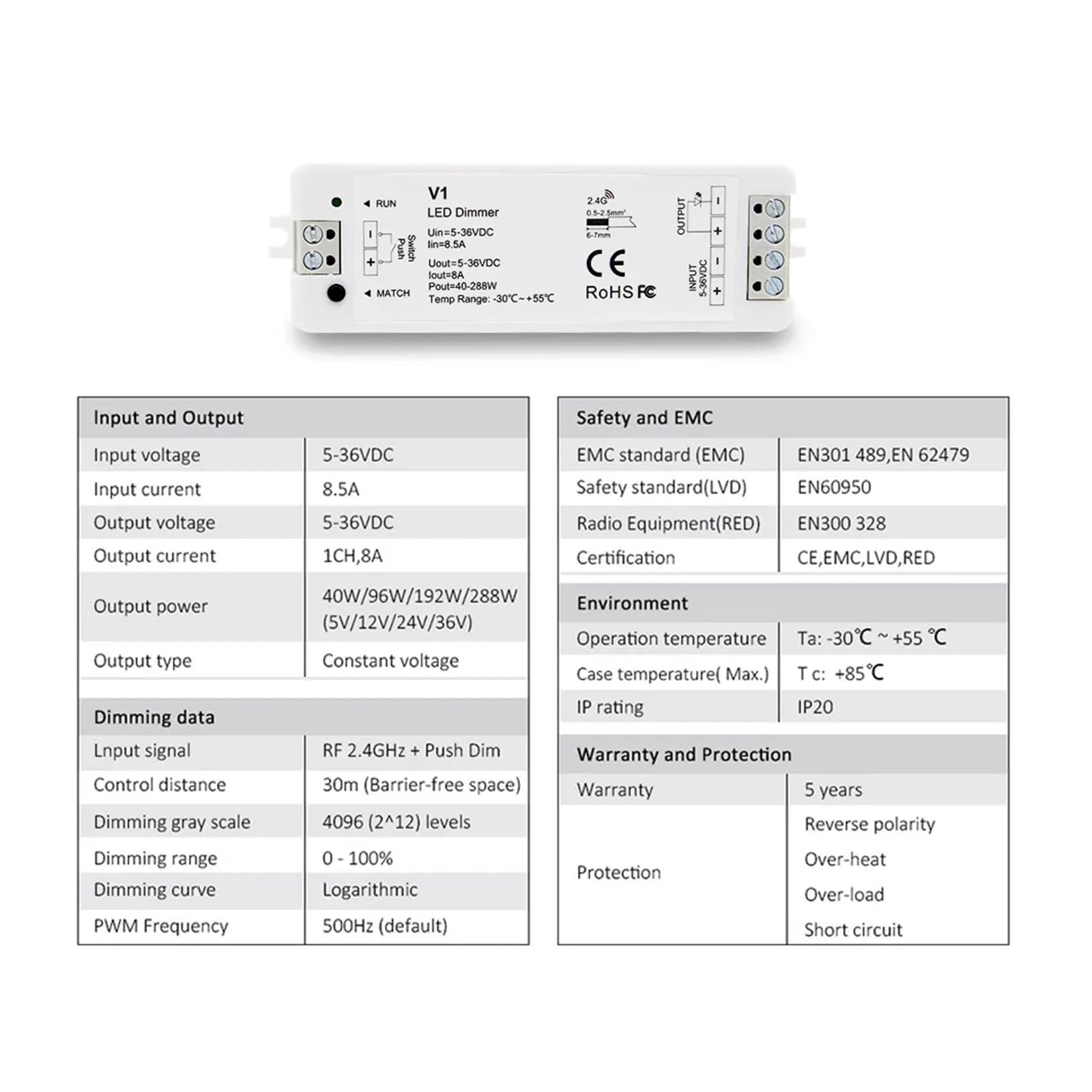 LED-Dimmer 12 V 5 V 24 V 36 V 8 A PWM kabelloser RF-Schalter mit 2,4 G Helligkeitsanpassung Touch-Fernbedienung, geeignet for einfarbige LED-Lichtleiste V1 (Color : V1 Only)