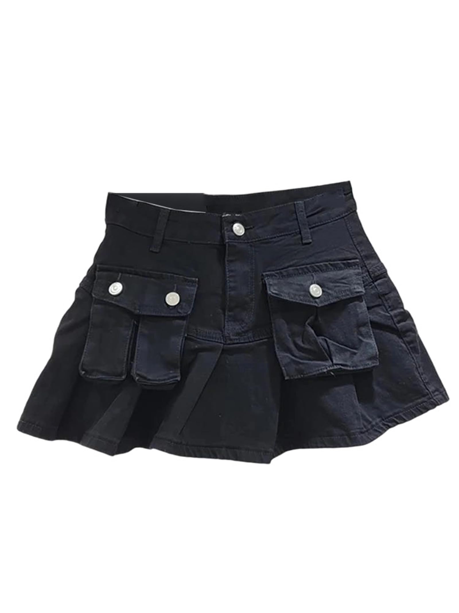 Women High Waist Denim Skirt Patchwork Asymmetric Pocket Pleated A-Line Trendy Casual Mini Skirt