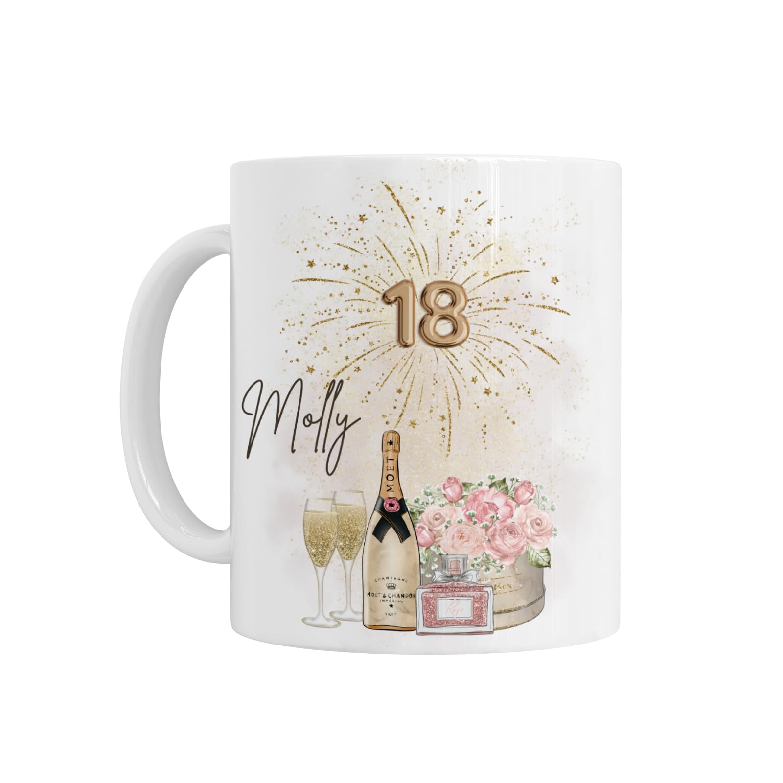 18th Birthday Gift for Girls Her - Personalised 18th Birthday Mug, Champagne & Floral 18 Design, White Ceramic, Gift for Daughter