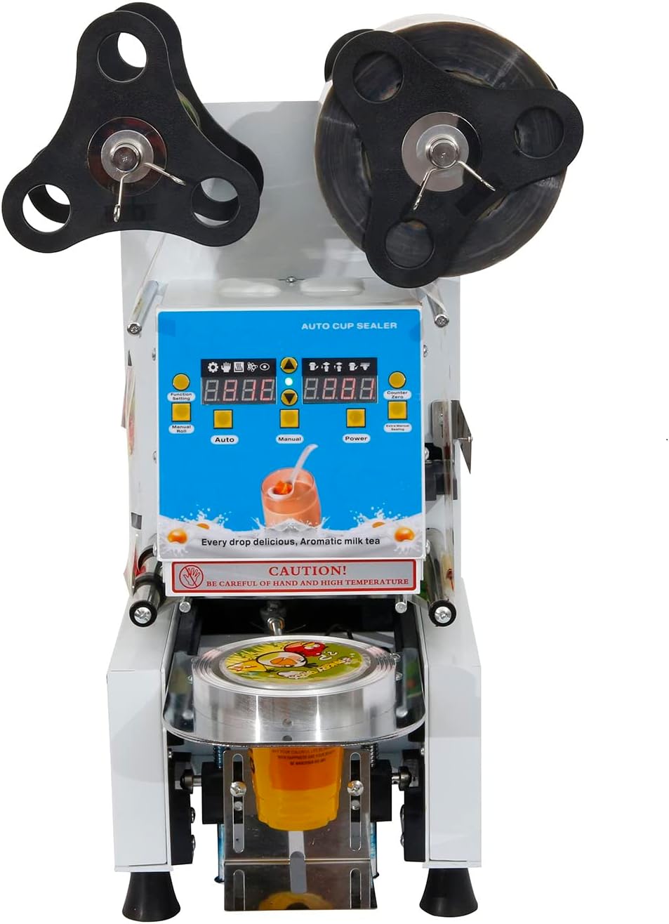 LETWOO Full Automatic Cup Sealing Machine - 95/90/75mm Diameter, Seals up to 20cm, 300-500 Cups/H, Digital Control LCD Panel for Juices, Milk Tea, Coffee (White)