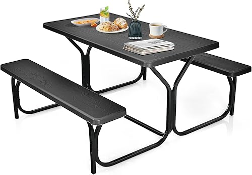 Miniatura 3 de HAPPYGRILL Juego de mesa de picnic para patio al aire libre con marco de acero y mesa de plástico para jardín y patio trasero