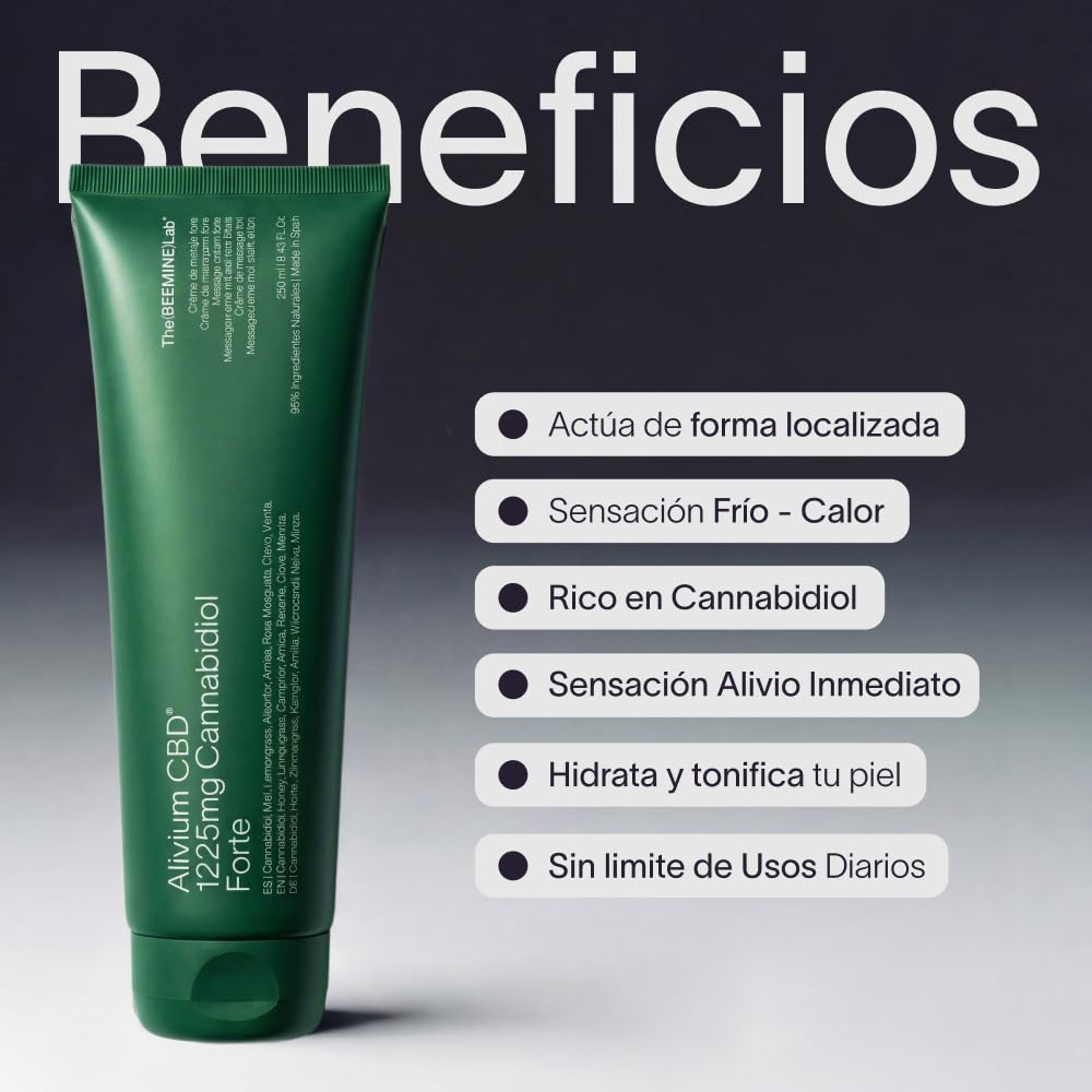 Alivium CBD Forte Crema De Masaje Corporal 250 Ml + 1225 mg CBD + Uso Tópico Bienestar + Efecto Frío Calor Reconfortante + Zonas Fatigadas Espalda Lumbares Cuello Hombros Rodillas + Autocuidado Diario