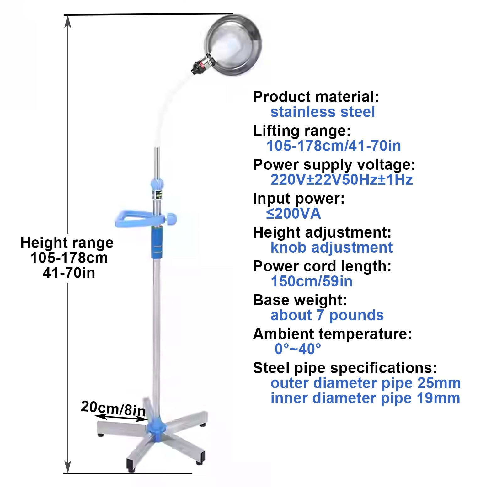 Lámpara de Exploración Médica LED de 20 W, Luz Dental Médica, con Rotación de 360, Lámpara Sin Sombra, Base de Acero Inoxidable, Altura Ajustable