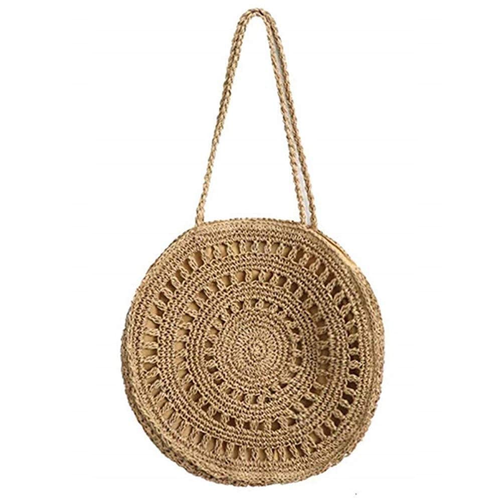 RajoNN Strohtasche, modische Damen-Handtasche, gewebt, rund, Rattan-Stroh, Umhängetasche für Strand, Reisen und den täglichen Gebrauch (Kaffee) (Kaffee)
