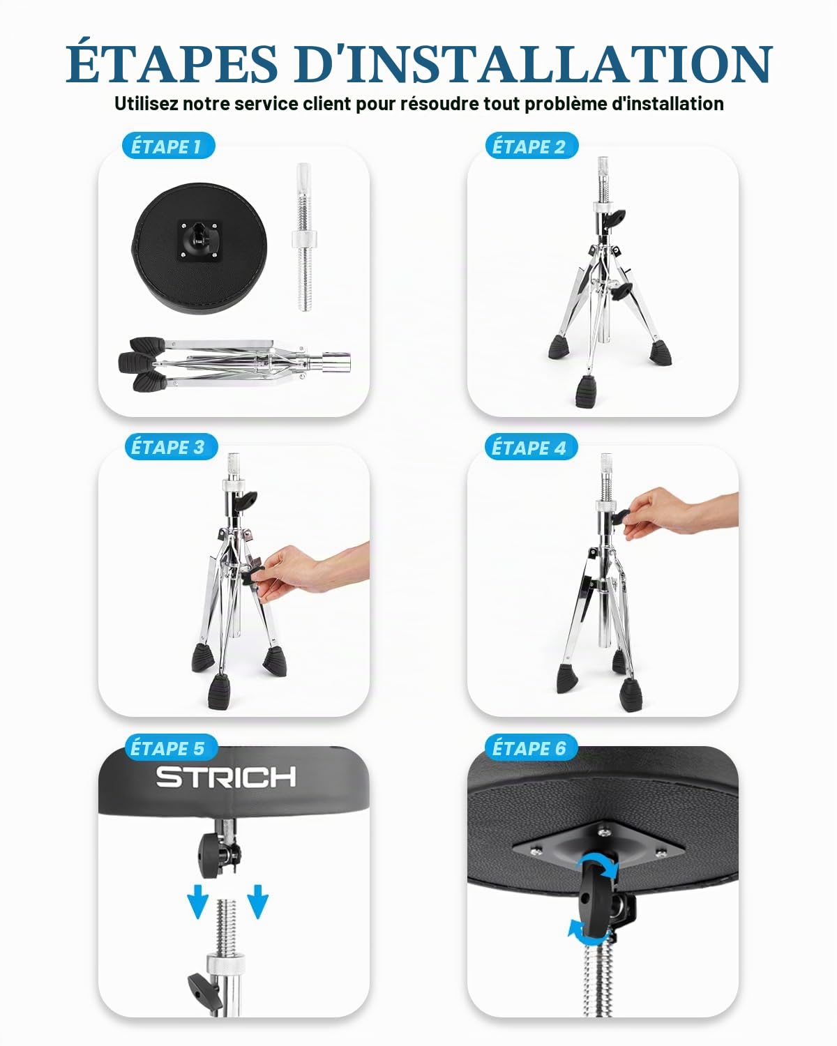 STRICH SDB-20 Siège de trône de batterie rembourré réglable en hauteur pour guitare avec baguettes 5 A