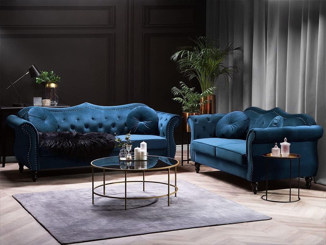 Modern Classic 3+2= 5 Seater Sofa Set Couch Fabric & Valvet Tufted Chesterfield Sofa Living Room and Office (Blue 3+2)