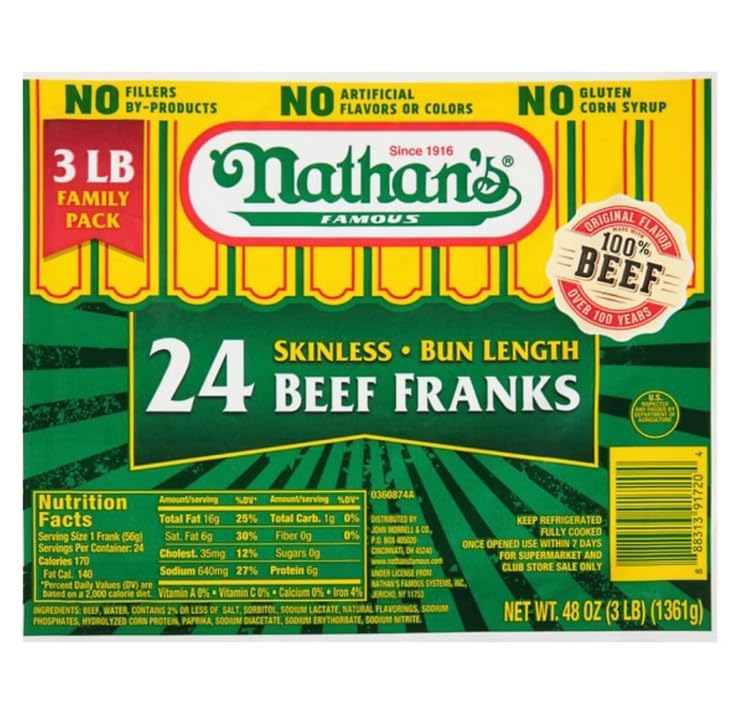 Nathans Famous Skinless Beef Franks - 24 ct - 48 Oz