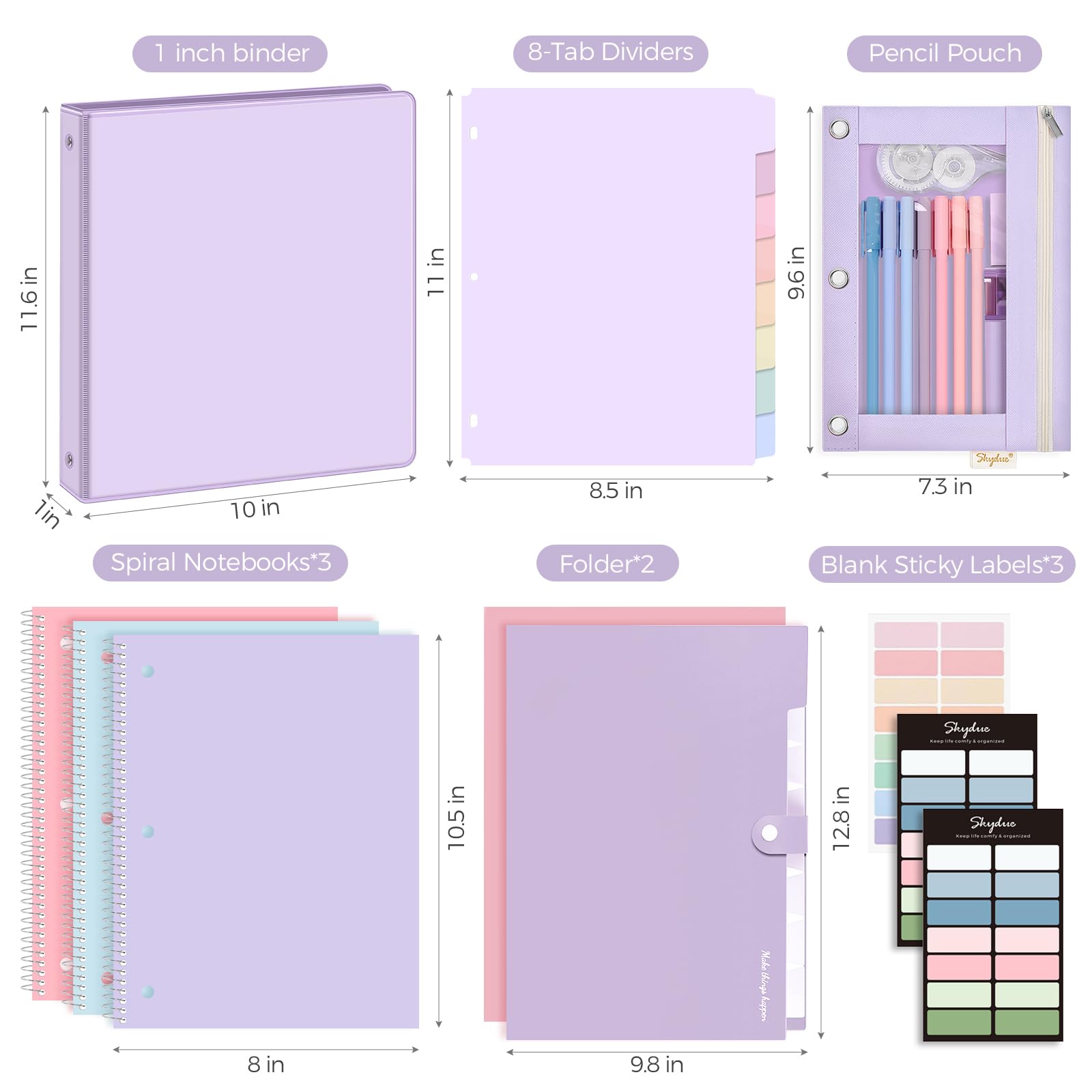 SKYDUE Set di materiale scolastico - Raccoglitore a 3 anelli da 2,5 cm, 2 cartelle espandibili, 3 quaderni a spirale, 8 divisori per schede e astuccio per matite - Cancelleria carina per studi