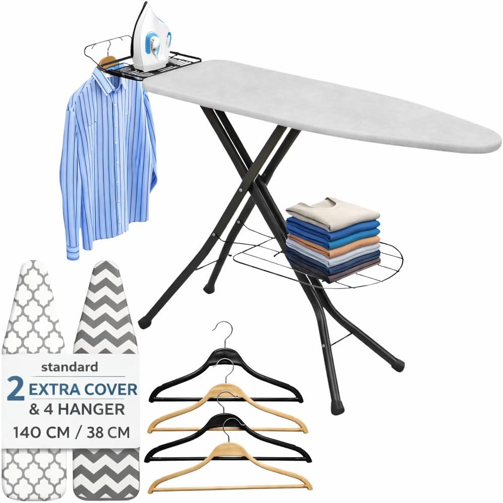 Large Ironing Board 140cm×30cm with 2 Extra Covers & 4 Cloth Hangers, Foldable Iron Stand, Adjustable Height Iron Table with Heat Resistant Cover, Anti-Slip Feet Laundry Board for Home