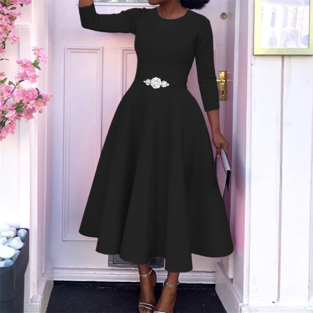 Womans Thick Round Neck Long Sleeve A-Line Casual Party Maxi Dress - Image 7