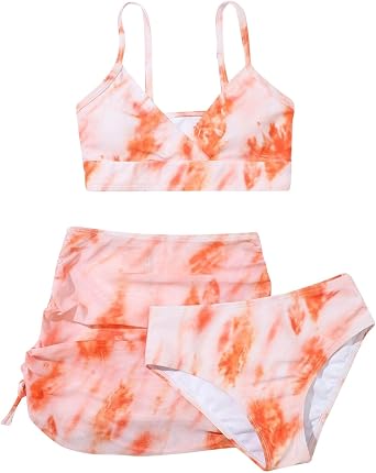 Betadog Girls 3 Piece Bikini Set Ditsy Floral Print Wireless Swimsuit with Beach Skirt Girls Swimsuits Set