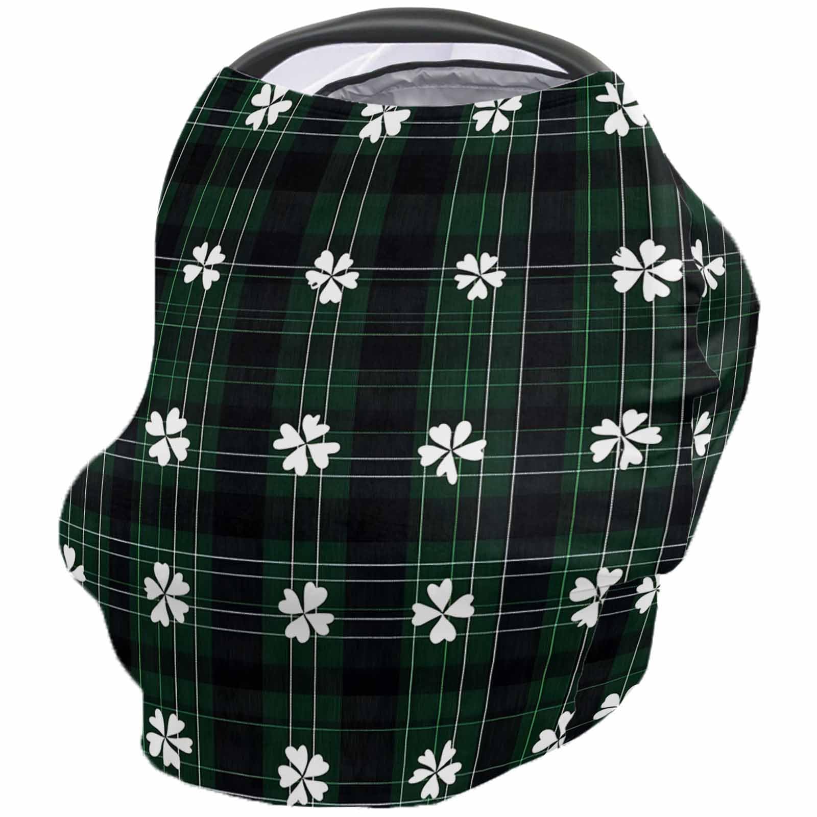 Nursing Cover for Breastfeeding Scarf, St. Patrick's Day Black Green Plaid White Shamrocks Baby Car Covers Super Soft Multi Use for Canopy Shopping Cart Cover Blanket Stroller Cover