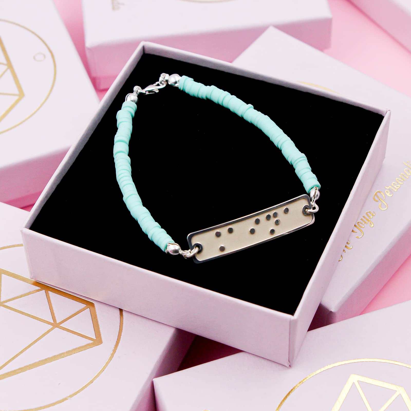 Pulsera PLATA DE LEY y arcilla polimérica personalizado con nombres en BRAILLE