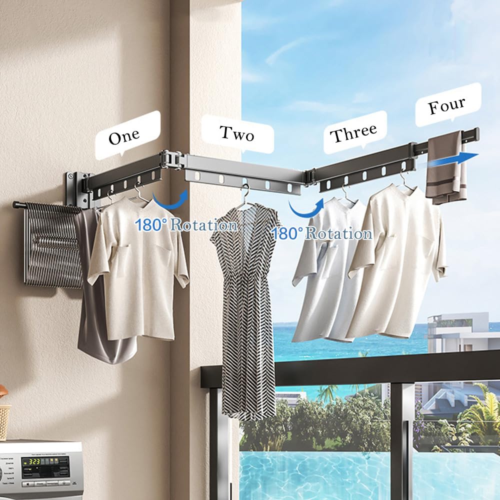 Hggzeg Clothes Drying Rack Wall Mounted, Retractable Garment Rack with Hooks - Image 3