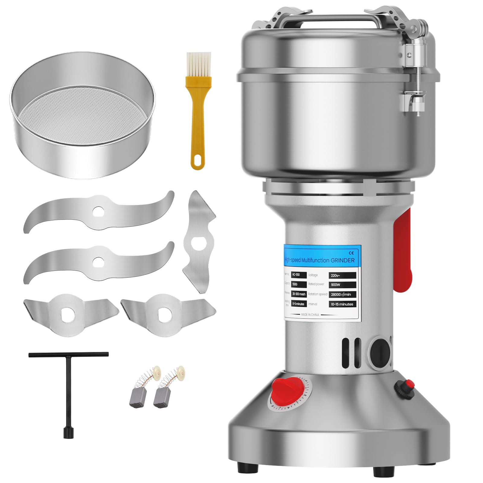 550g Electric Grain Grinder, 900W High-Speed Spice Mill, 28000RPM, 6-Blade Stainless Steel, 5-Min Timer, Overload Protection for Coffee Beans, Nuts, Grains, Spices and More