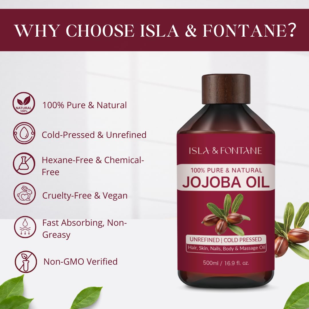 ISLA & FONTANE Jojoba Oil – 500ml (17 fl oz) | 100% Pure & Natural | Golden, Unrefined, Cold Pressed | Hexane-Free Carrier Oil for Skin, Hair, Face, Nails & Body Moisturizing - Image 2