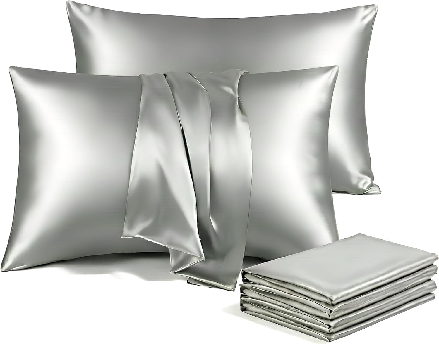Imperial Rooms Satin Grey Cooling Pillow Cases 4 Pack – Satin Silk Pillowcases for Hair and Skin, Gifts for Women – Silky Pillow Covers with Envelope Closure (50x75 cm)