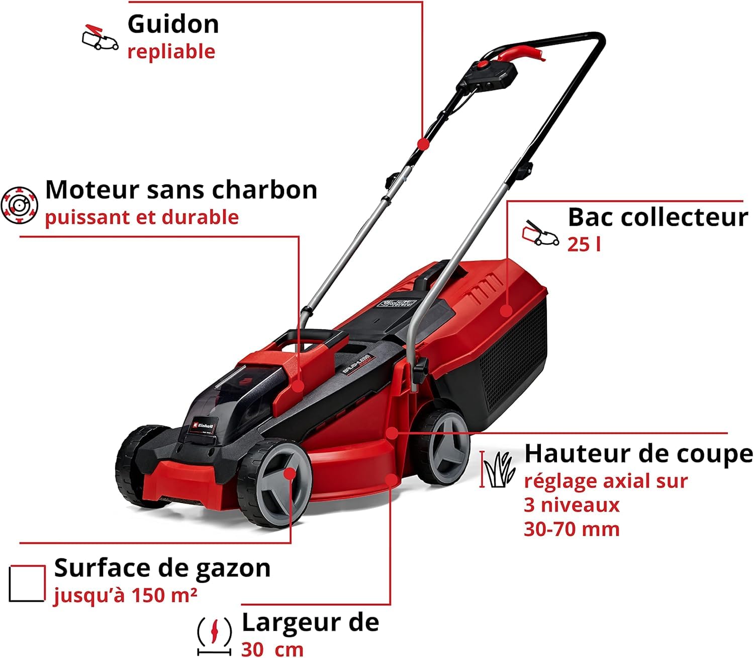 Einhell Tondeuse à Gazon sans Fil GE-CM 18/30 Li Kit Power X-Change 18 V Largeur de Coupe 30 cm Batterie 3,0 Ah Chargeur