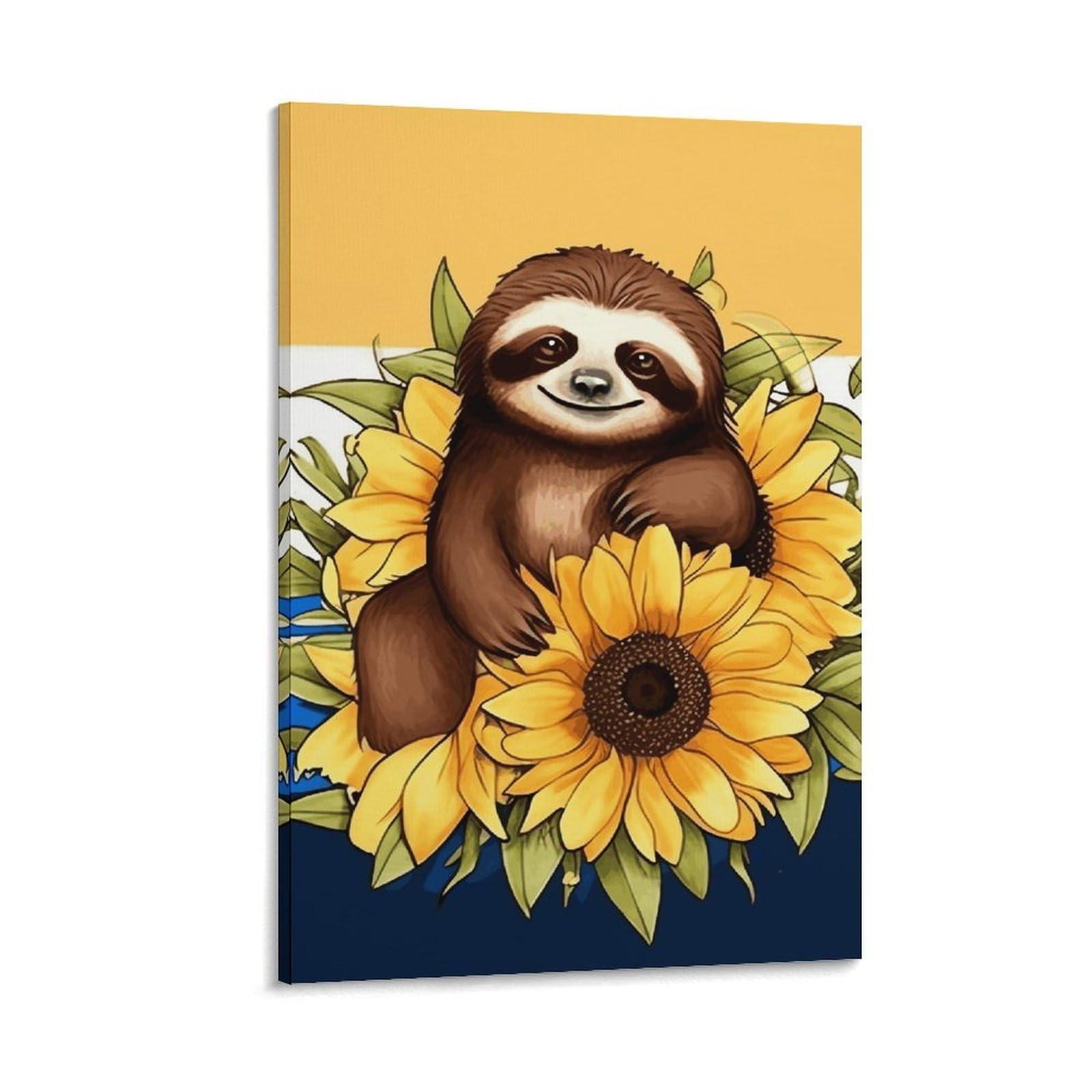 Canvas Wall Art for Living Room 16"x24" Modern Artwork Painting Pictures Hanging Canvas Prints Cartoon Sloth Sitting on Sunflower Aesthetic Wall Art for Bedroom Bathroom Office Wall Art Print Decor C