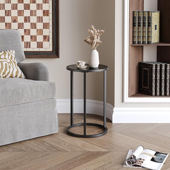 Image of Modern Round Side Table with Black Glass Top | Metal End Table for Living Room & Bedroom