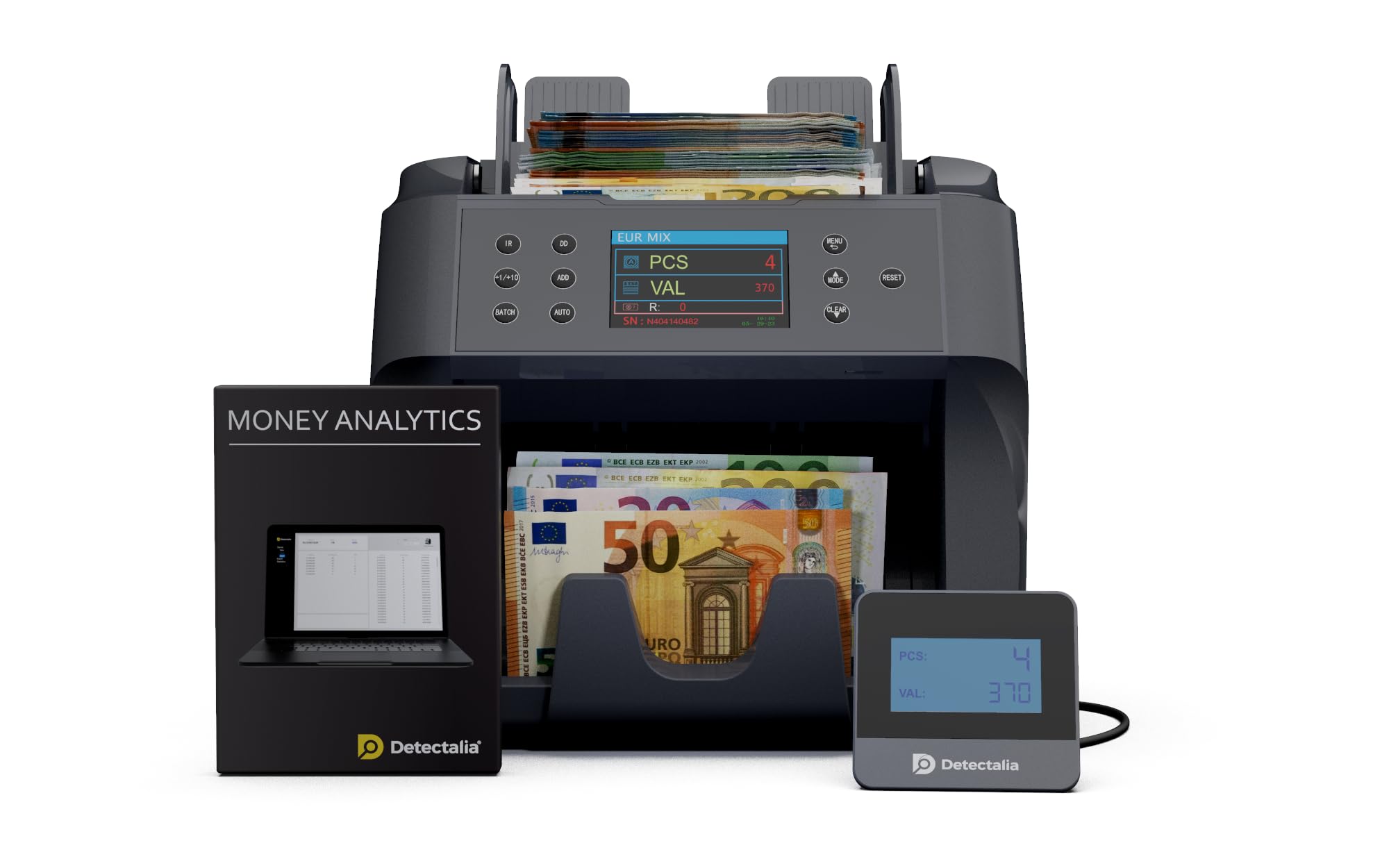 Detectalia V500 - Conta banconote professionale con funzione di valore per banconote miste da 5 valute EUR, GBP, USD, CAD, MXN - 2 Sensore CIS e riconoscimento numeri di serie