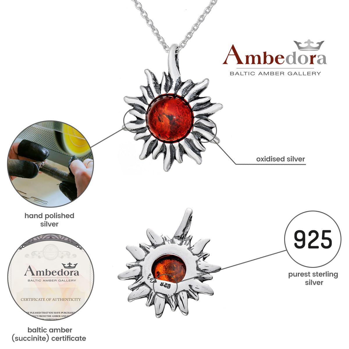 Collana Donna Piccolo Sole Con Ambra, Argento Sterling Ossidato, Ambra Baltica Rotonda Color Cognac, Ciondolo in Argento con Catenella