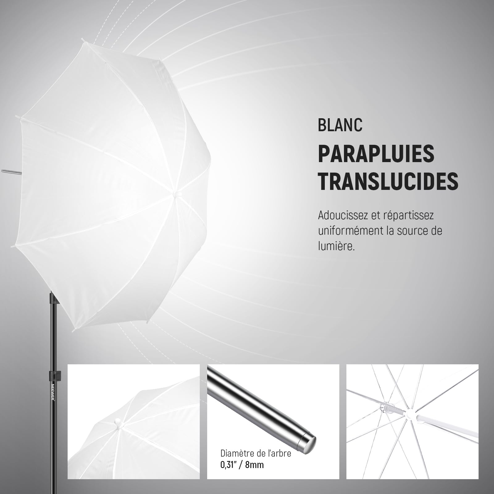 NEEWER Kit d'Éclairage pour la Photographie 600W, Équivalent Incandescent avec 2 Parapluie Blanc, 2 Parapluie Noir, 3 Ampoule LED 24W, 3 Support de lumière, 2 Sac, 5 Attache câbles, 3 Socle E27,NK500