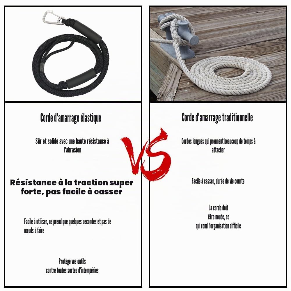 Lot de 2 Cordon pour Bateau, Lignes d'amarrage Élastiques avec Crochet, Corde de Dock Tressée pour Jet Ski, Ponton, Kayak - Accessoires d'Amarre Double