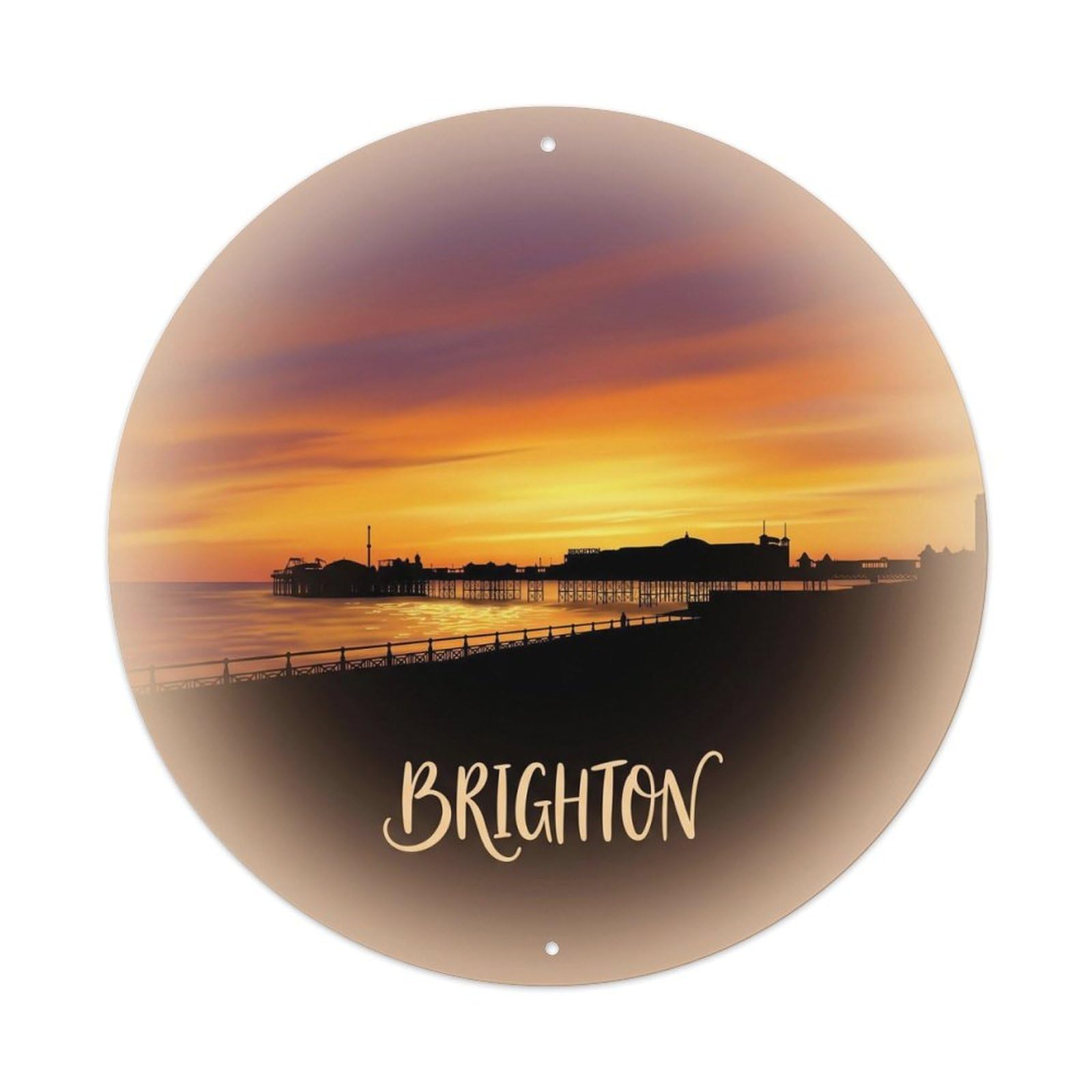 Brighton Sunset Seafront Travel Cityscape Romantic Vintage Metal Tin Sign Plaque Wall Decor for Cafe, Man Cave, Club Bar, Office, Home Garden Round Metal Poster 8x8Inch