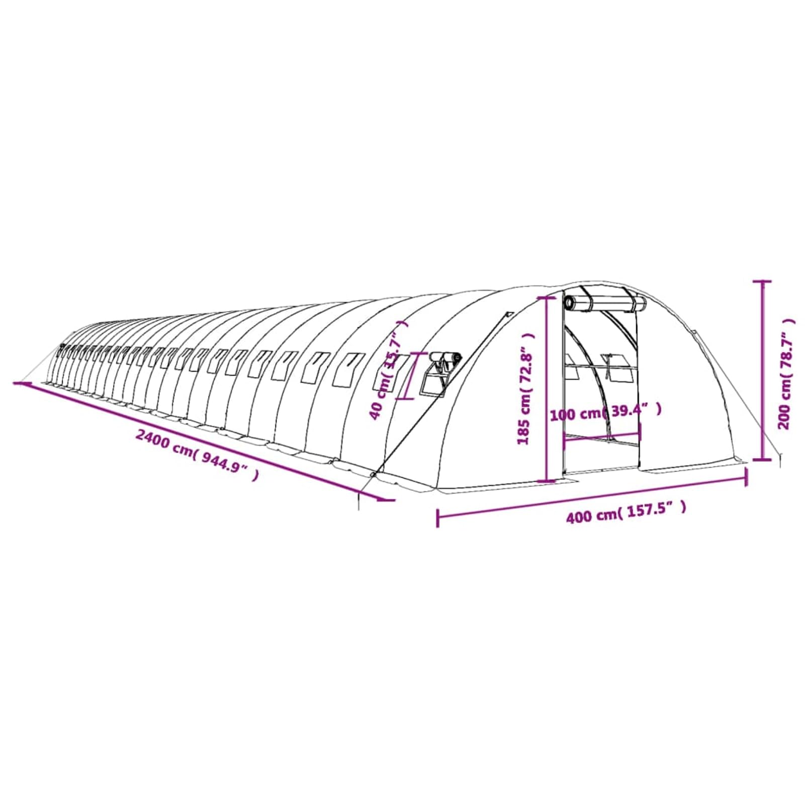 Szklarnia z ocynkowaną ramą stalową, 24 m x 4 m x 2 m, biały dach PE 140 g/m² – wytrzymały domek dla roślin na owoce, warzywa i kwiaty