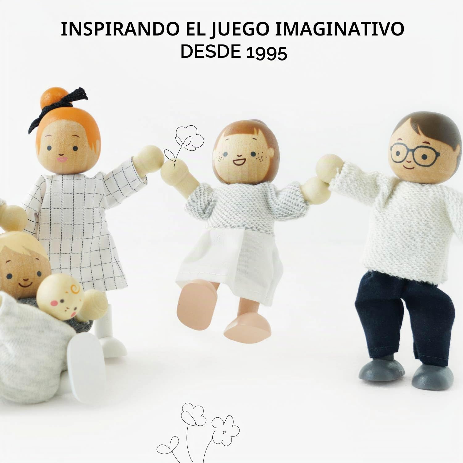 Le Toy Van - P053 - Familia para casa de muñecas en Madera certificada FSC, 3 años, Set 7 muñecas, Montessori, Accesorios, Personajes en Miniatura para casa de muñecas