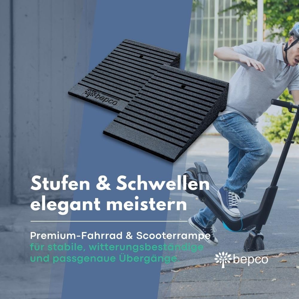 bepco Premium Fahrrad- & Scooter-Rampe 2er-Set - aus recycletem Gummi - Auffahrrampe, Türschwellenrampe mit eingelagerten Unterlegscheiben zum anschrauben (ohne Befestigung, 10 cm)